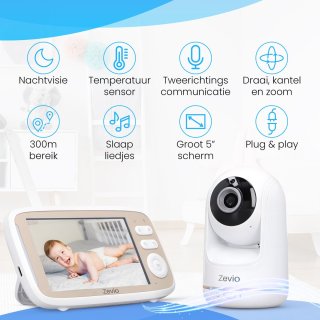 Zevio Babyfoon met Camera 5 Inch HD Scherm