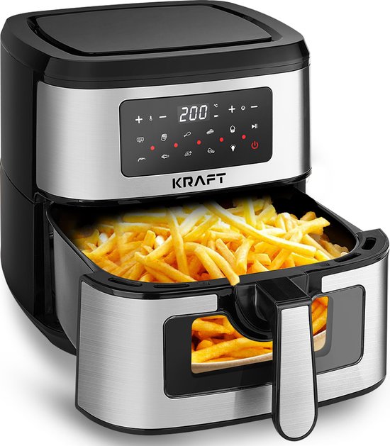 KRAFT Airfryer XXL - Digitale Heteluchtfriteuse XL - 7.2L - met Kijkvenster en Lamp - Zwart en RVS