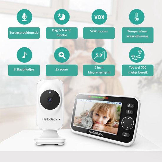 HelloBaby HB 50 Babyfoon met Camera Groot LCD Scherm Nachtzicht
