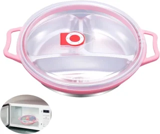Roze magnetronschaal met deksel en 3 vakken