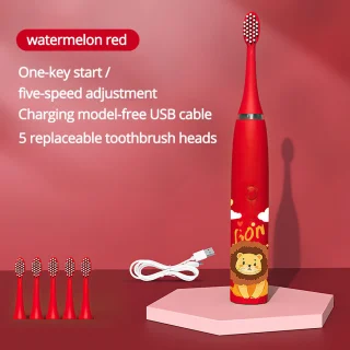 Elektrische tandenborstel voor kinderen, USB-oplaadbaar, zachte borstelharen, 6 koppen - Rood