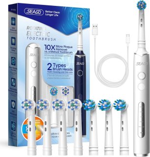 De Elektrische Tandenborstel met Roterende Borstelkop, 8 Opzetborstels, 5 Modi, IPX7 Waterdicht, Oplaadbaar voor 30 Dagen in één oogopslag