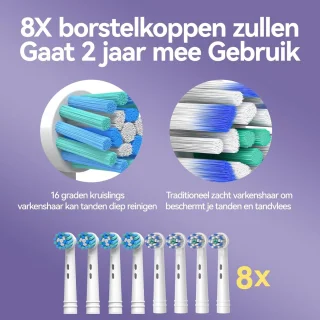 Elektrische Tandenborstel met Roterende Borstelkop, 8 Opzetborstels, 5 Modi, IPX7 Waterdicht, Oplaadbaar voor 30 Dagen