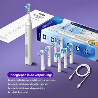 Elektrische Tandenborstel met Roterende Borstelkop, 8 Opzetborstels, 5 Modi, IPX7 Waterdicht, Oplaadbaar voor 30 Dagen