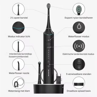 2-in-1 Elektrische Tandenborstel & Waterflosser – Oplaadbaar – Inclusief Extra Opzetborstels - Waterflosser - Elektrische tandenborstel