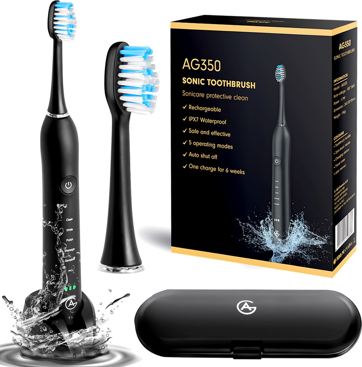 De AG350 Sonische Elektrische Tandenborstel - Inclusief Reisetui & Extra Opzetborstel in één oogopslag
