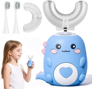 Elektrische kindertandenborstel met 2 U-vormige siliconen borstelkoppen - Blauw - SnelShoppen