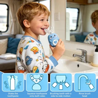Elektrische kindertandenborstel met 2 U-vormige siliconen borstelkoppen - Blauw - SnelShoppen