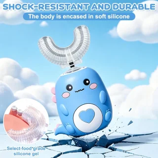 Elektrische kindertandenborstel met 2 U-vormige siliconen borstelkoppen - Blauw - SnelShoppen