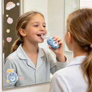 Elektrische kindertandenborstel met 2 U-vormige siliconen borstelkoppen - Blauw - SnelShoppen
