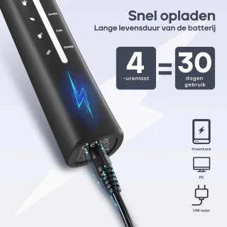Elektrische tandenborstel volwassenen zwart USB-oplaadbaar 8 koppen