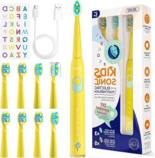 Kinder Elektrische Tandenborstel - Poetsborstel Kind - Tandenpoetsen Leren - 8 Vervangbare Borstels - 5 Modi Timer - Geel
