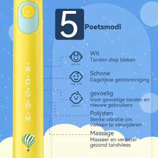 Kinder Elektrische Tandenborstel - Poetsborstel Kind - Tandenpoetsen Leren - 8 Vervangbare Borstels - 5 Modi Timer - Geel