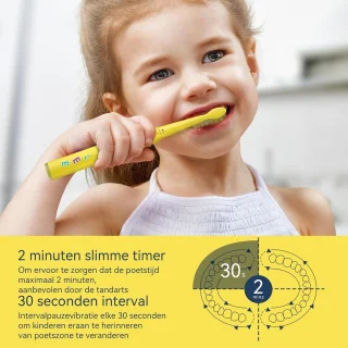 Kinder Elektrische Tandenborstel - Poetsborstel Kind - Tandenpoetsen Leren - 8 Vervangbare Borstels - 5 Modi Timer - Geel