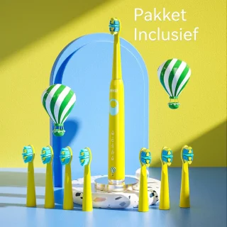 Kinder Elektrische Tandenborstel - Poetsborstel Kind - Tandenpoetsen Leren - 8 Vervangbare Borstels - 5 Modi Timer - Geel