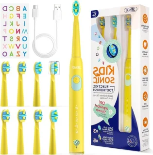 Kinder Elektrische Tandenborstel - Poetsborstel Kind - Tandenpoetsen Leren - 8 Vervangbare Borstels - 5 Modi Timer - Geel