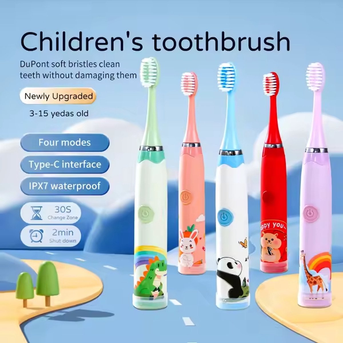 Kindertandenborstel USB Oplaadbaar Cartoon Design Sonisch 6 Opzetborstels