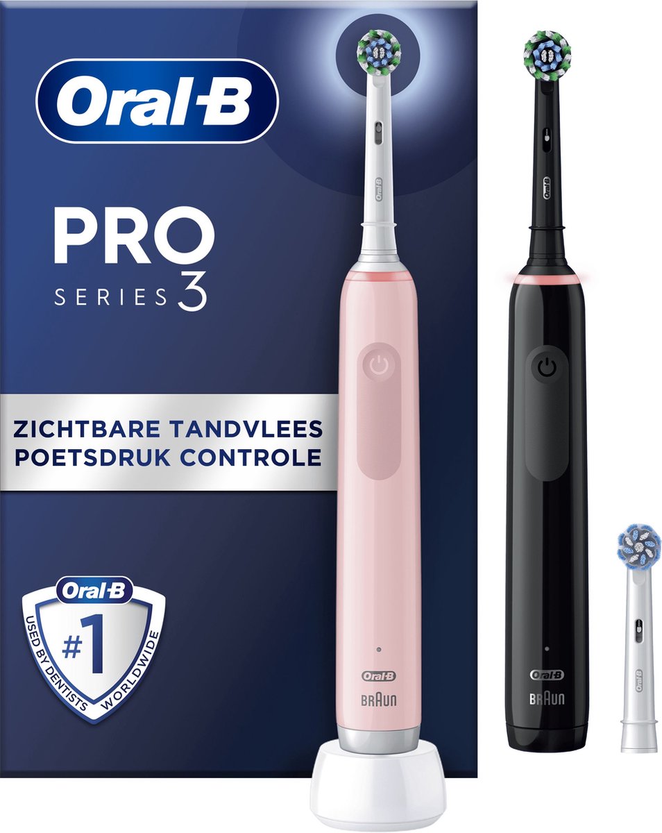 De Oral B Pro 3 3900 Duo elektrische tandenborstel zwart en roze in één oogopslag