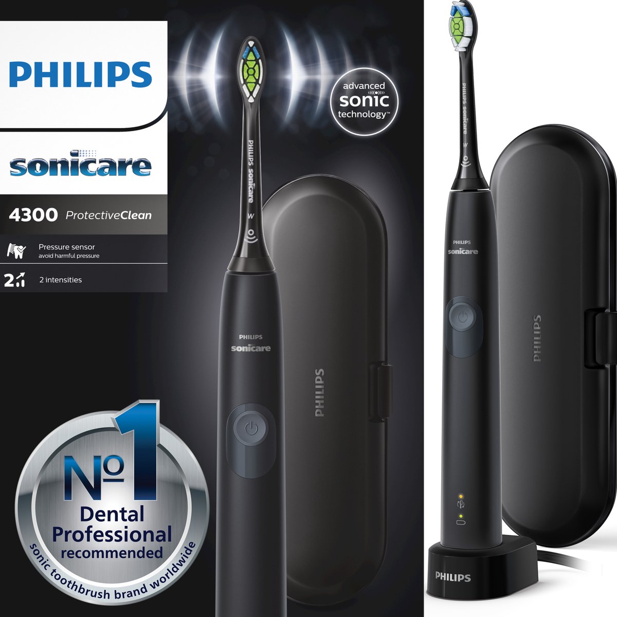 De Philips ProtectiveClean 4300 Elektrische tandenborstel HX6800/87 zwart in één oogopslag