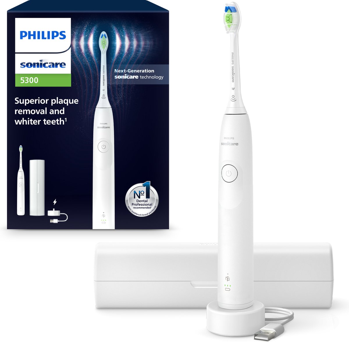 De Philips Sonicare 5300 HX7108/02 Elektrische Tandenborstel Wit in één oogopslag
