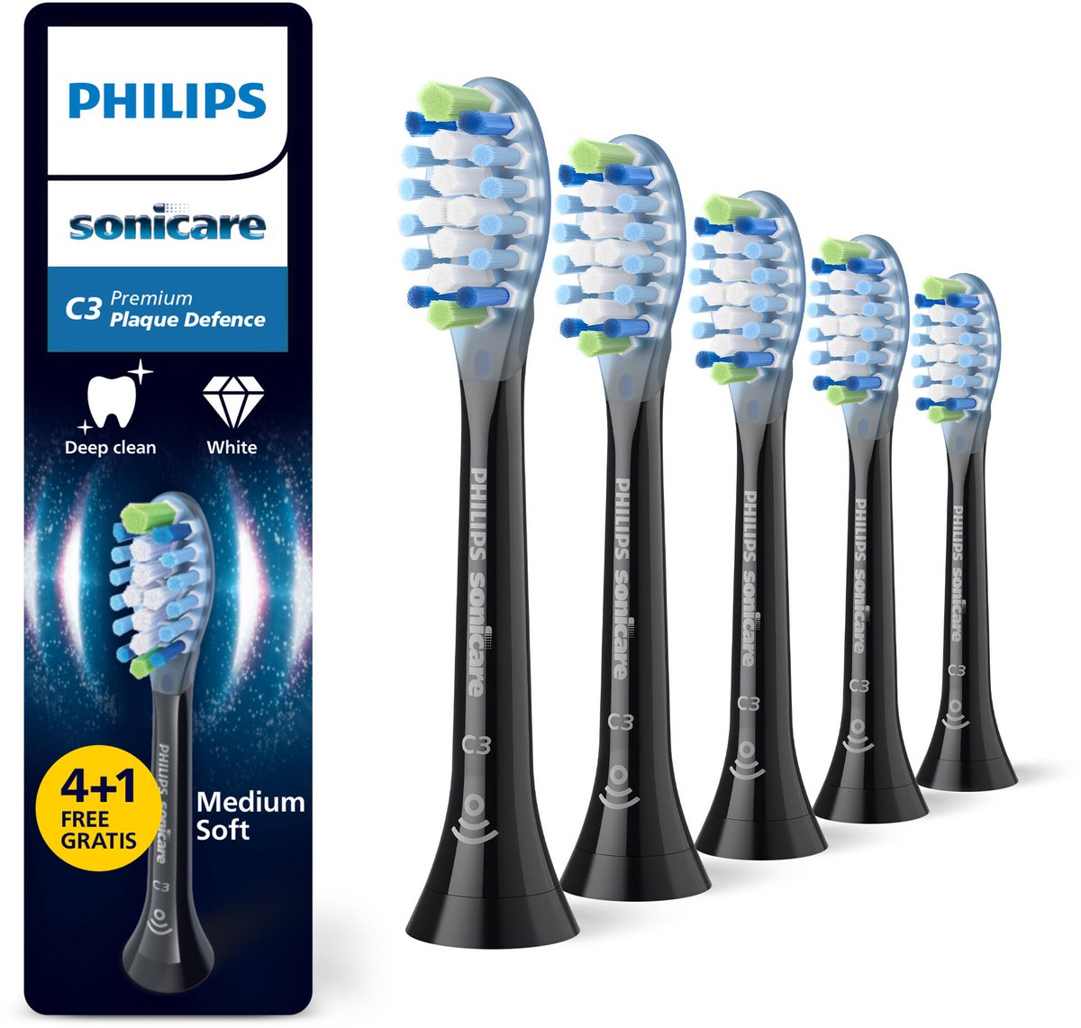 De Philips Sonicare Premium Plaque Defence C3 Opzetborstels Zwart HX9045/88 - 5 stuks in één oogopslag