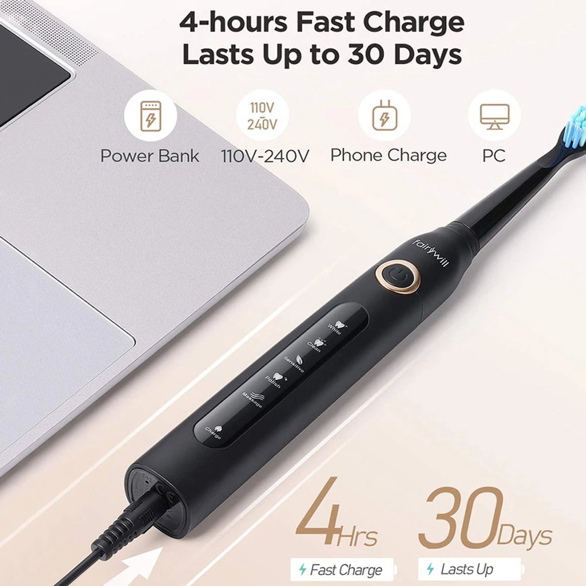 Rumi FW-507 Elektrische Tandenborstel Zwart USB Oplaadbaar