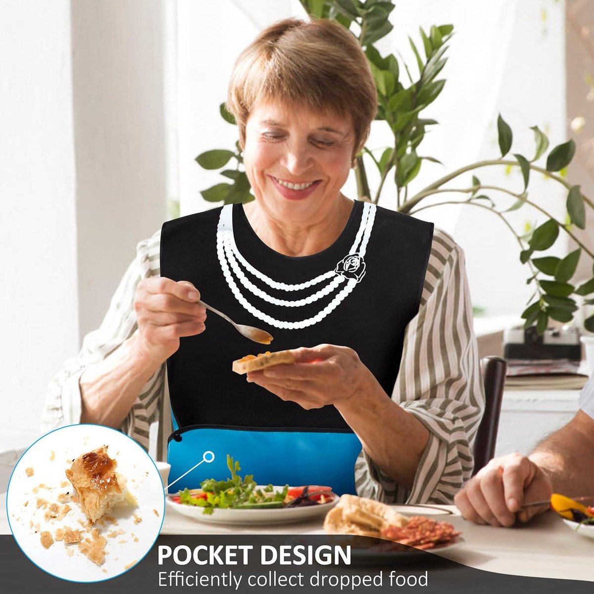 Wat vinden we goed aan de Waterdicht slabbetje volwassenen zwart kruimelverzamelaar