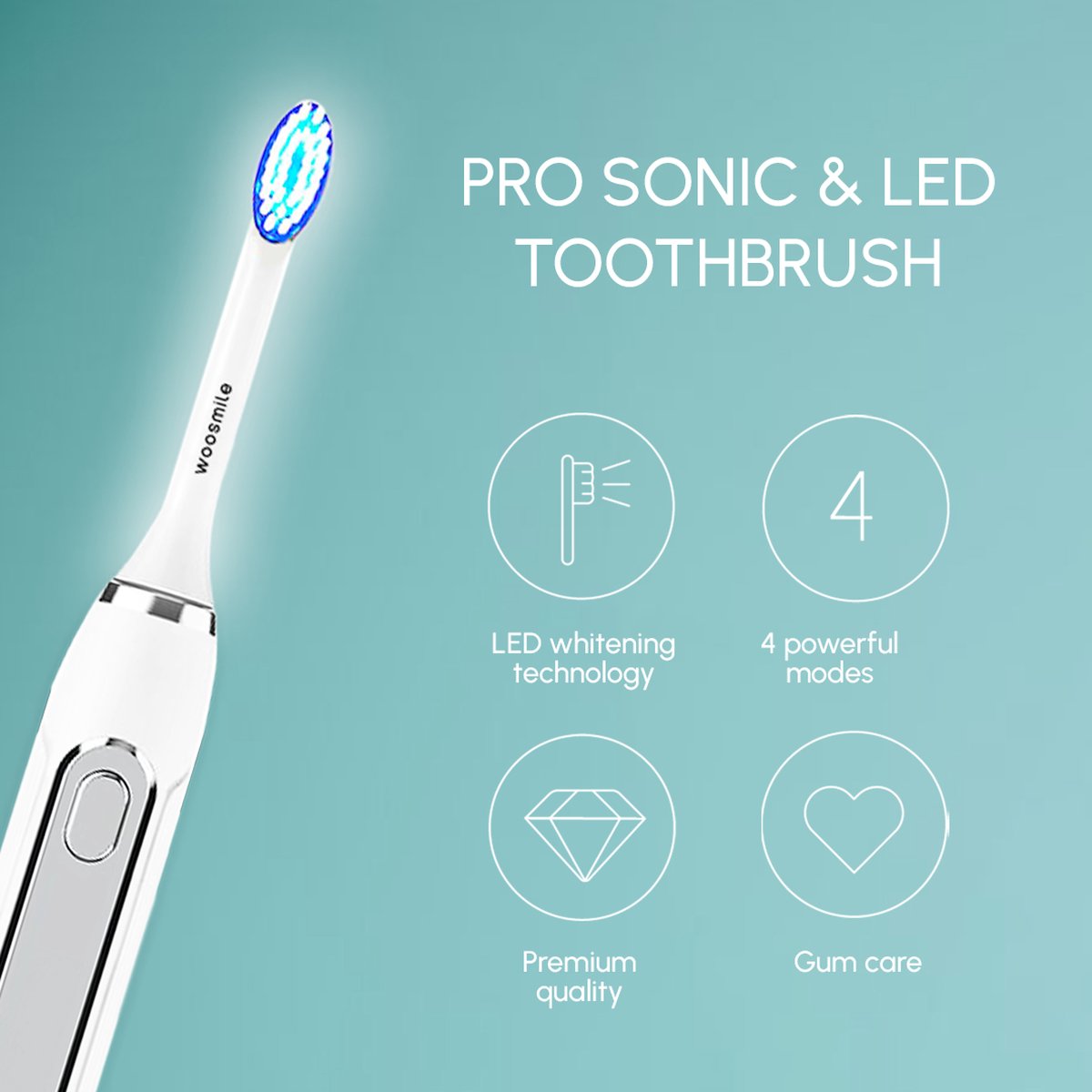 WOOSMILE elektrische sonische tandenborstel met LED en 2 opzetborstels