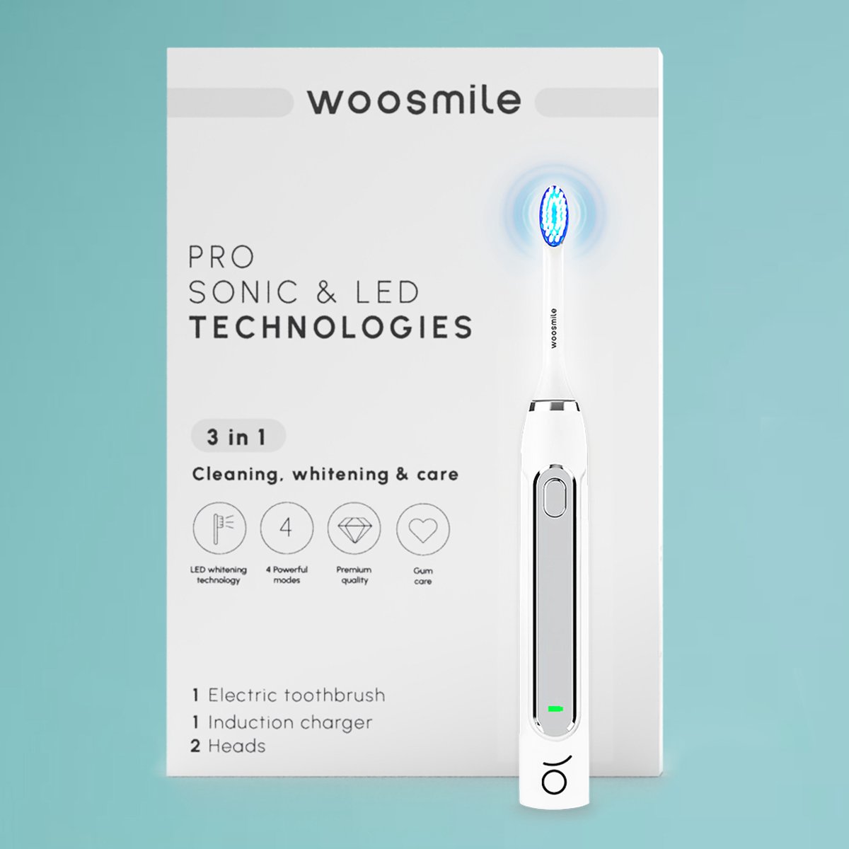 WOOSMILE elektrische sonische tandenborstel met LED en 2 opzetborstels