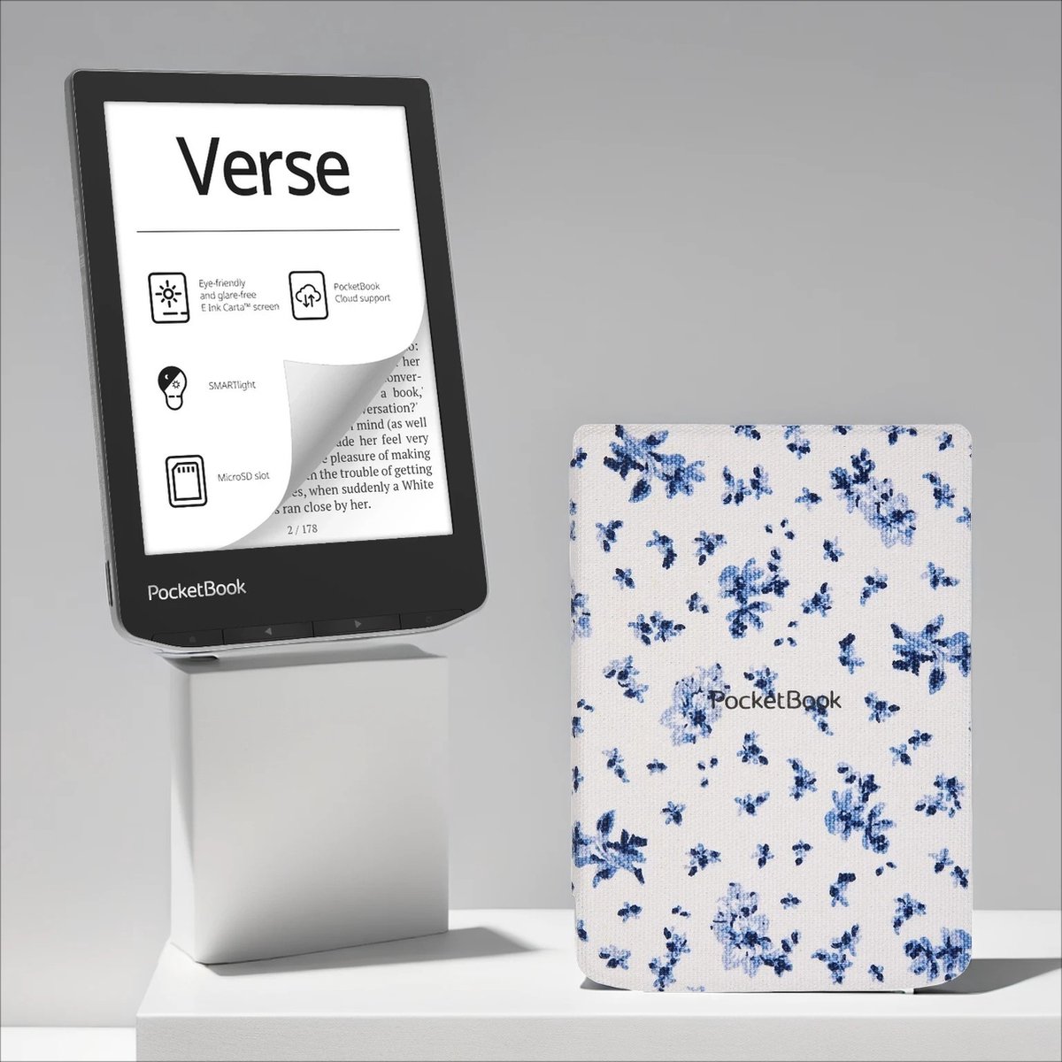 De PocketBook Verse Mist Grey met Bloemen hoesje in één oogopslag