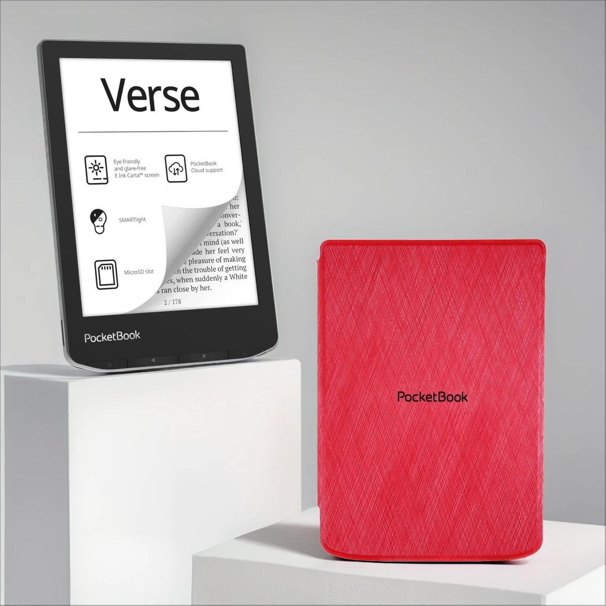 De PocketBook Verse Mist Grey met Rood Hoesje in één oogopslag