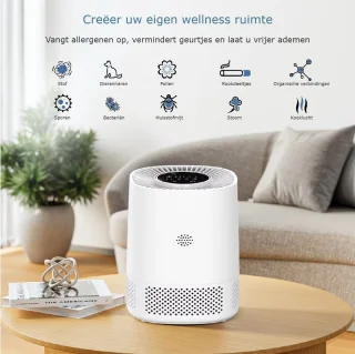 Luchtreiniger – air purifier – vervangbaar H13 HEPA filter en koolstof filter – 102m3/u – indicatie luchtkwaliteit – tegen stof, allergie, dierenharen, huisstofmijt en kooklucht – 3 snelheden, slaapstand en automatische stand – slimme luchtzuiveraar