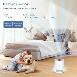Luchtreiniger – air purifier – vervangbaar H13 HEPA filter en koolstof filter – 102m3/u – indicatie luchtkwaliteit – tegen stof, allergie, dierenharen, huisstofmijt en kooklucht – 3 snelheden, slaapstand en automatische stand – slimme luchtzuiveraar