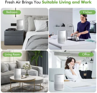 Luchtreiniger – HEPA H11 Filter – Ionisator – Aromatherapie – Stil 25dB – 4 Snelheden – 360° Inlaat – Timer – Verwijdert 99,9% Stof, Geur, Allergenen, Rook, Huisdierhaar – Slimme Sensor – Voor Slaapkamer/Woonkamer