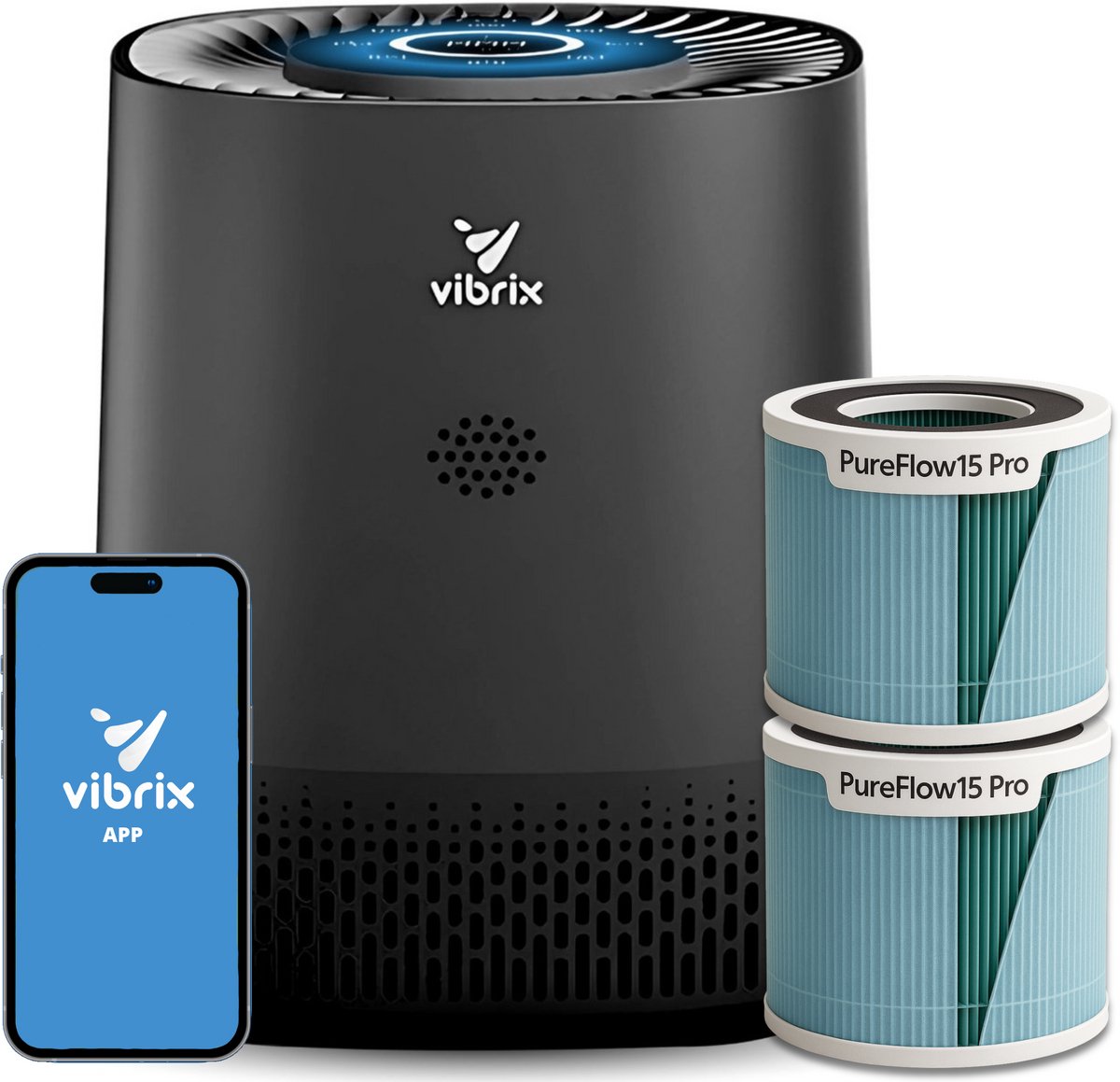De Vibrix PureFlow15 Pro luchtreiniger met extra filter en APP in één oogopslag