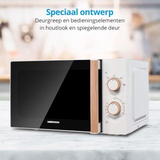 Wat vinden we goed aan de Magnetron 20 liter - 700 Watt, Houtlook, Spiegeldeur, 5 Vermogensstanden en Ontdooifunctie