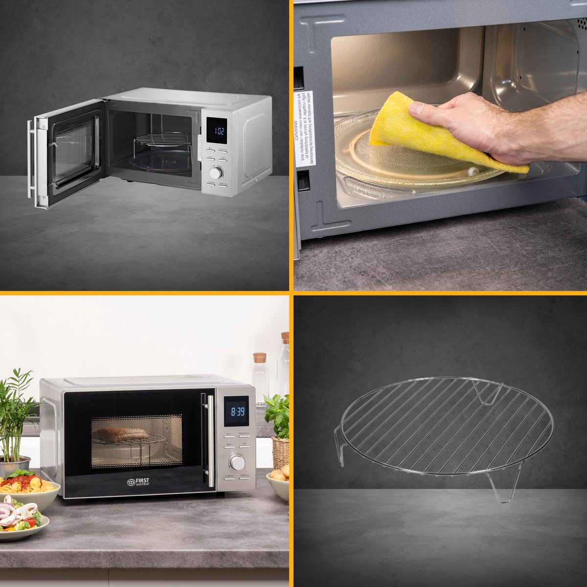 Wat vinden we goed aan de First Austria Vrijstaande Magnetron Grill 1100W 20L RVS Zilver