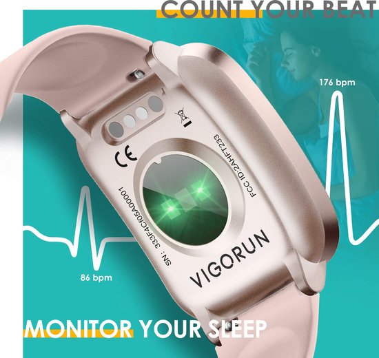 Vigorun Smartwatch Roze Fitnesstracker, Hartslagmeter, Stappenteller
