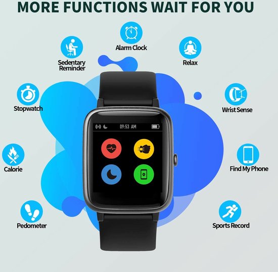 Vigorun Smartwatch Zwart Fitnesstracker, Hartslagmeter, Stappenteller