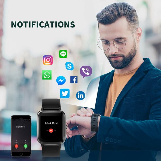 Vigorun Smartwatch Zwart Fitnesstracker, Hartslagmeter, Stappenteller