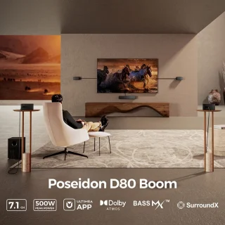 Ultimea Poseidon D80 Boom 7.1 Soundbar + 1 paar * Steady 300 luidsprekerstandaards, Dolby Atmos, 500 W piekvermogen, APP-bediening, 10-bands equalizerinstellingen, 121 vooraf ingestelde EQ-matrices, Bluetooth 5.3