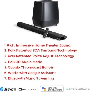 Home Cinema Soundbar met Draadloze Subwoofer voor Surround Geluid, 5.1 Dolby Digital, Google Assistant & Bluetooth Streaming