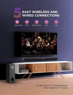 Soundbar met Subwoofer 2.1-kanaal 190W voor TV - Bluetooth 5.0, Instelbare Bas en DSP Technologie
