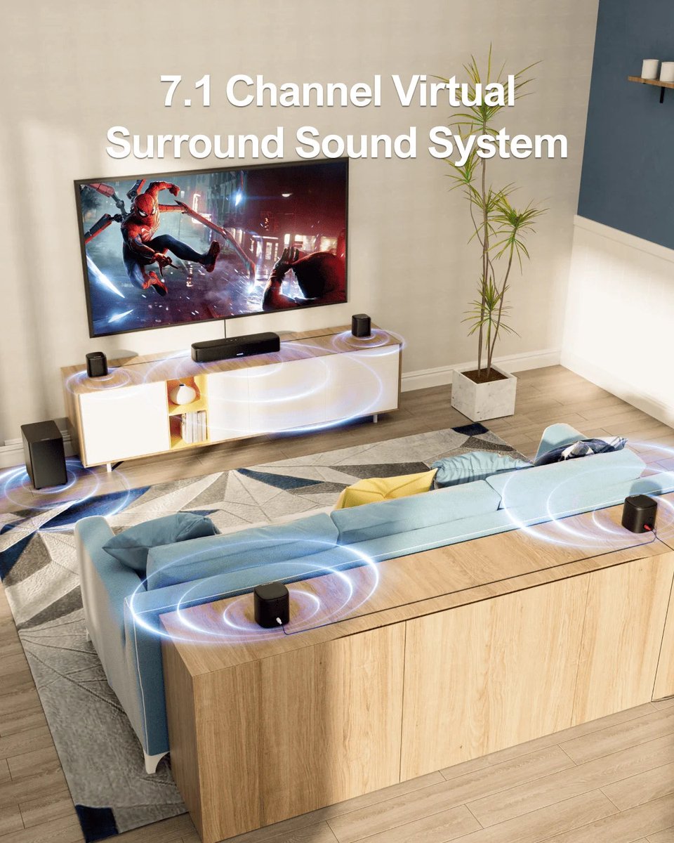 Wat vinden we goed aan de Soundbar 7.1CH met Subwoofer en 4 Surround Speakers Zwart