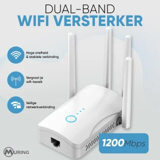 Muring WiFi Versterker met stopcontact - Dual Band 2.4 GHz & 5 GHz – 1200 Mbps - WiFi 5 - WiFi Repeater - WiFi Booster - WiFi Extender - Wit