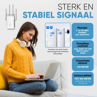 Muring WiFi Versterker met stopcontact - Dual Band 2.4 GHz & 5 GHz – 1200 Mbps - WiFi 5 - WiFi Repeater - WiFi Booster - WiFi Extender - Wit