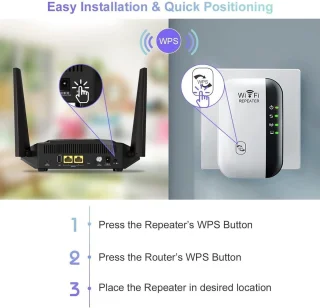 WiFi Versterker & Signaalversterker | Draadloze Repeater met Ethernetpoort, 5000 ft² Bereik, 2.4GHz, AP/Repeater-modus, Eénknopsinstallatie, Compatibel met 99% Routers(Zwart)