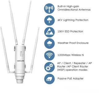 WiFi Repeater - WiFi Versterker - WiFi Extender - Draadloze Router - Outdoor Access Point - Lange Afstand WiFi Antenne - Dual Band 2.4G & 5G - Waterdicht - Snel Internet - Sterk Signaal - 1200Mbps - 4 Externe Antennes - PoE Ondersteuning