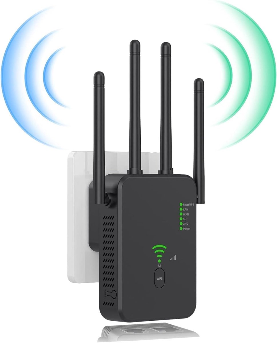 De WiFi-repeater zwart met 2 LAN-poorten en 4 antennes in één oogopslag
