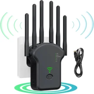 WiFi Versterker 1200 Mbps met 6 antennes en ethernetkabel zwart